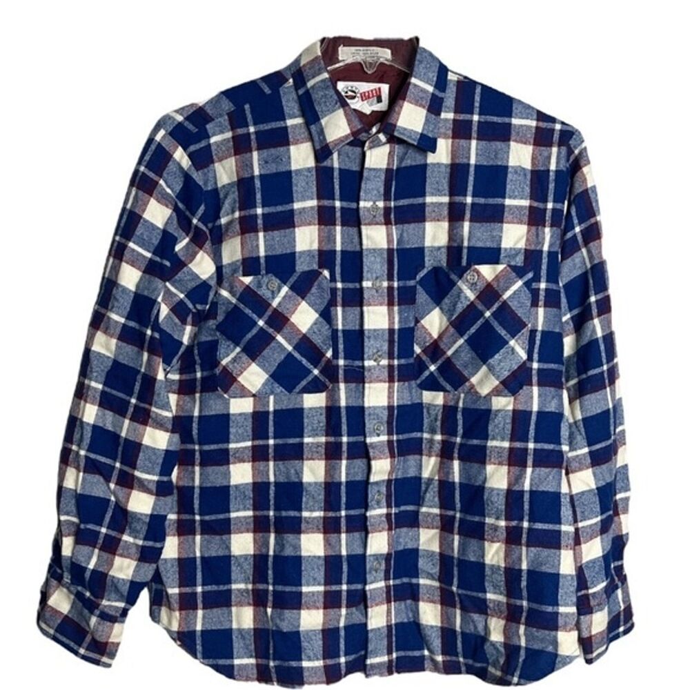Vintage Arrow Sport Shirt Mens Large Blue White Plaid Flannel Unlined Shacket